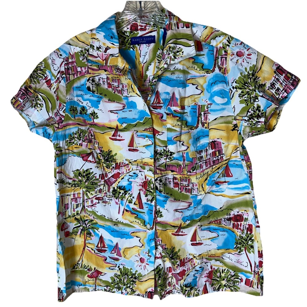 Vintage Karen Scott Tropical Island Print Top Shirt Button Women's Size Medium